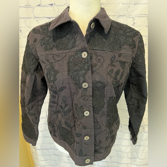 Laura Ashley Black Jean Denim Beaded Embroidered Jacket Cotton Size PM - Picture 1 of 8